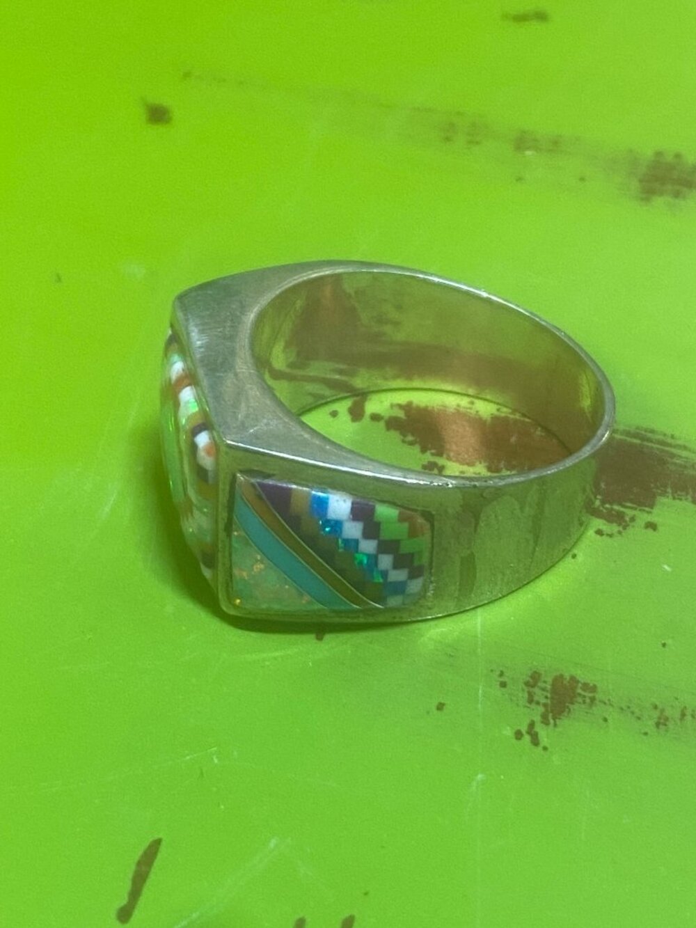 Zuni Men's Ring Size 10 1/2 Inlay Sterling Silver Opal Native American Ethnic - Picture 9 of 12